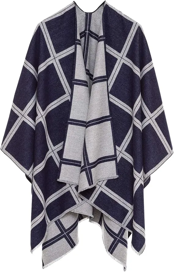 Geometric Navy Luxurious Knit Sweater Poncho Cardigan