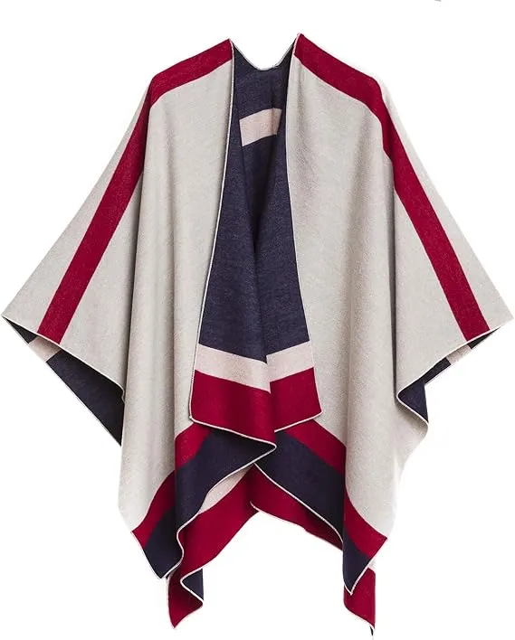 Geometric Navy Luxurious Knit Sweater Poncho Cardigan