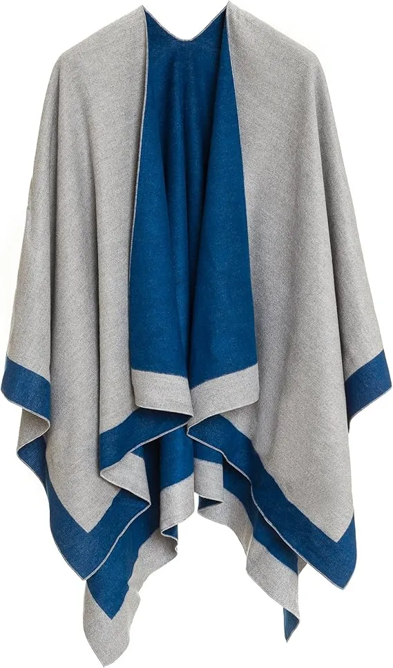 Geometric Navy Luxurious Knit Sweater Poncho Cardigan