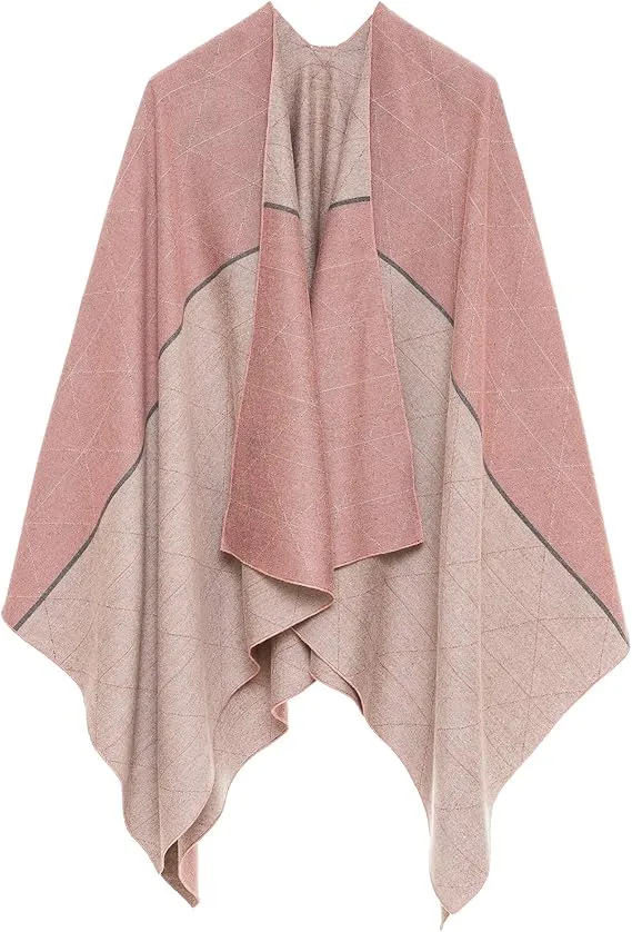 Geometric Pink Luxurious Knit Sweater Poncho Cardigan