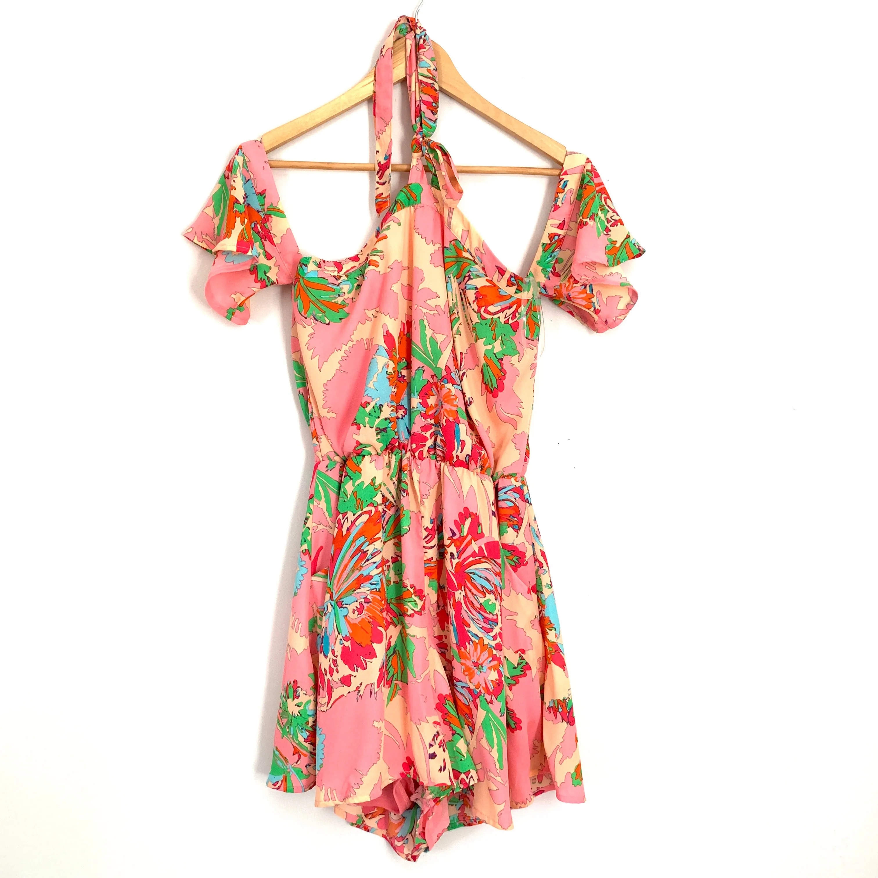 Gianni Bini Off the Shoulder Neck Tie Floral Romper- Size M