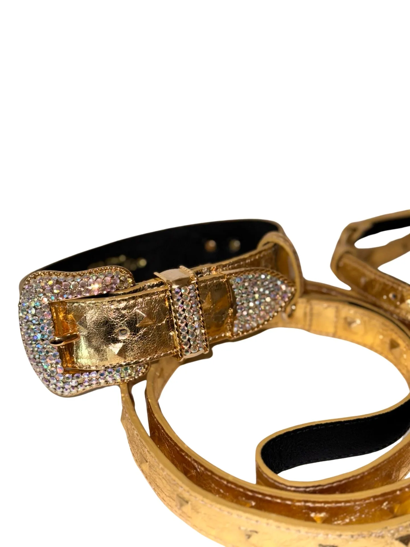 Glam Gold Embossed Studded Italian Leather Collar, Leash & Harness Set With Our Custom Swarovski Crystal Buckle