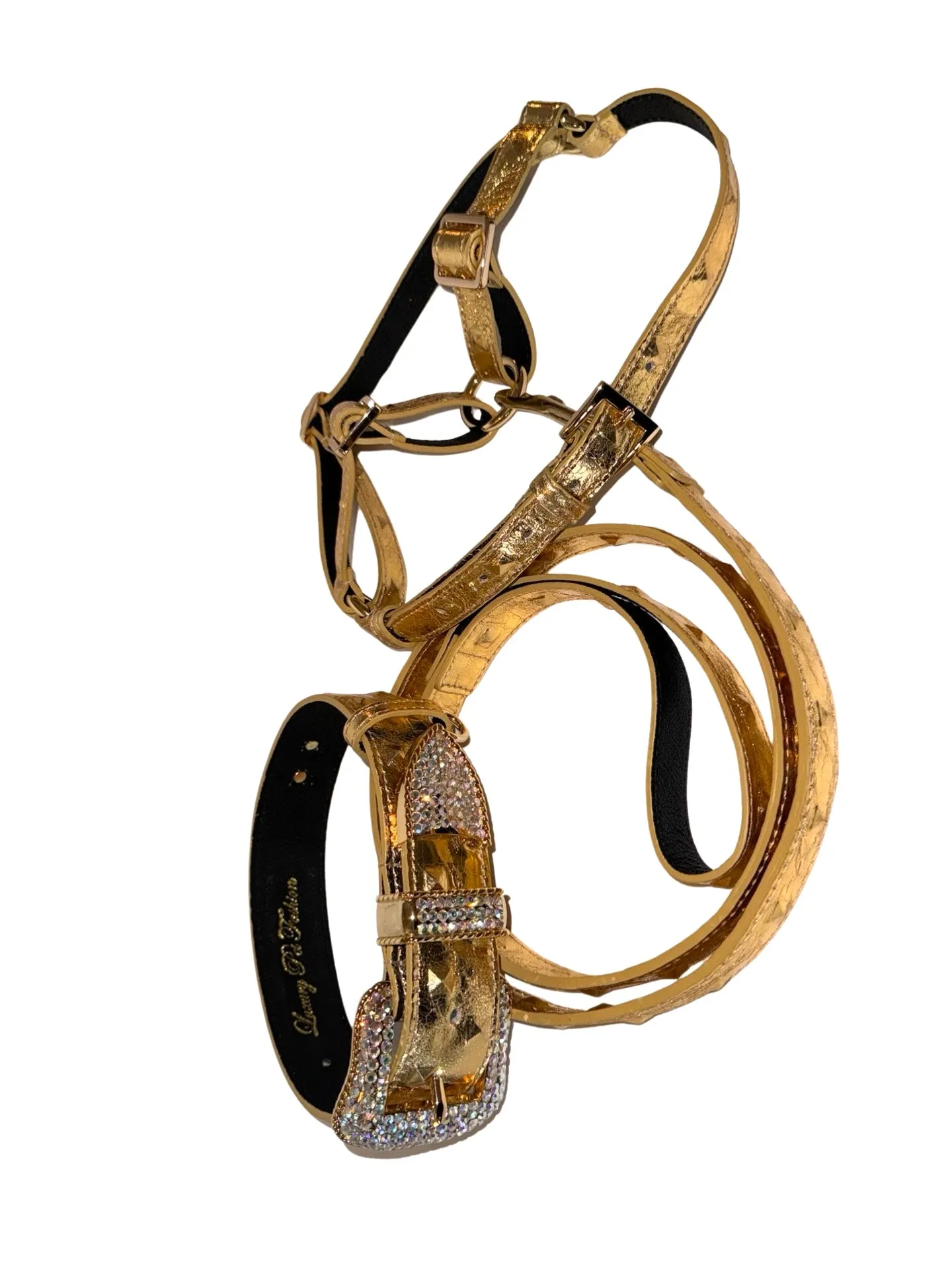 Glam Gold Embossed Studded Italian Leather Collar, Leash & Harness Set With Our Custom Swarovski Crystal Buckle