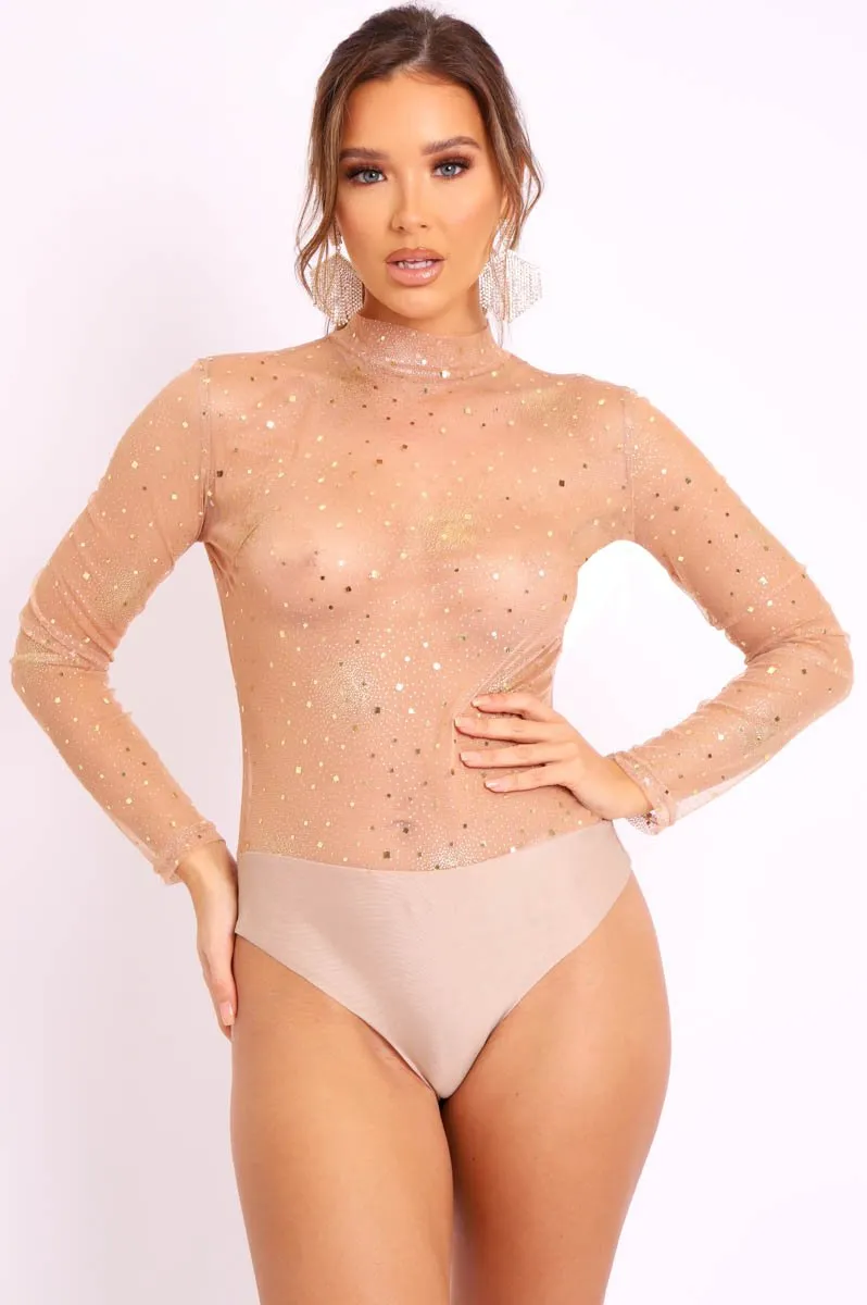 Gold Glitter Mesh Long Sleeve Bodysuit - Kharlie