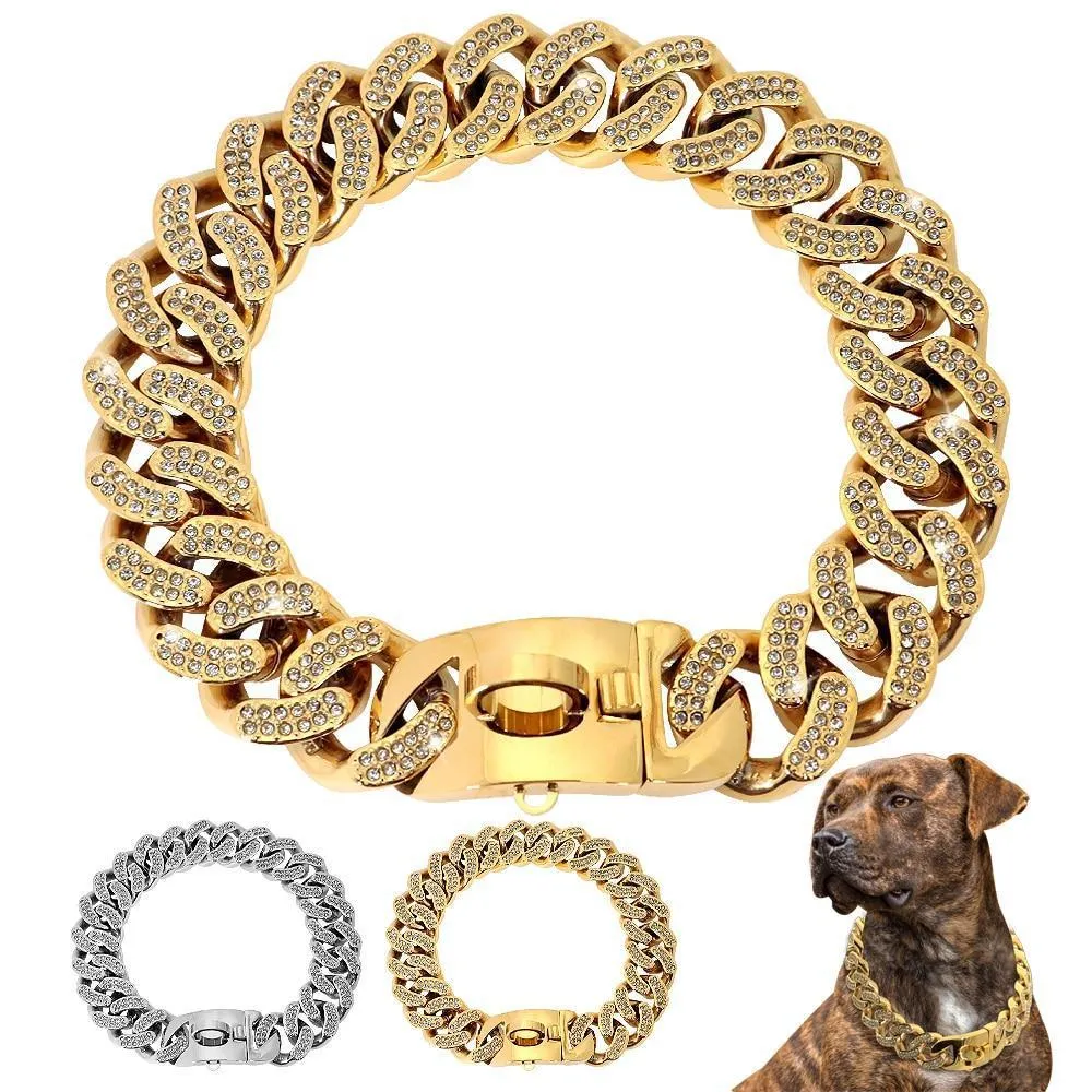 Gold or Silver Stainless Steel Rhinestone Pet Chain