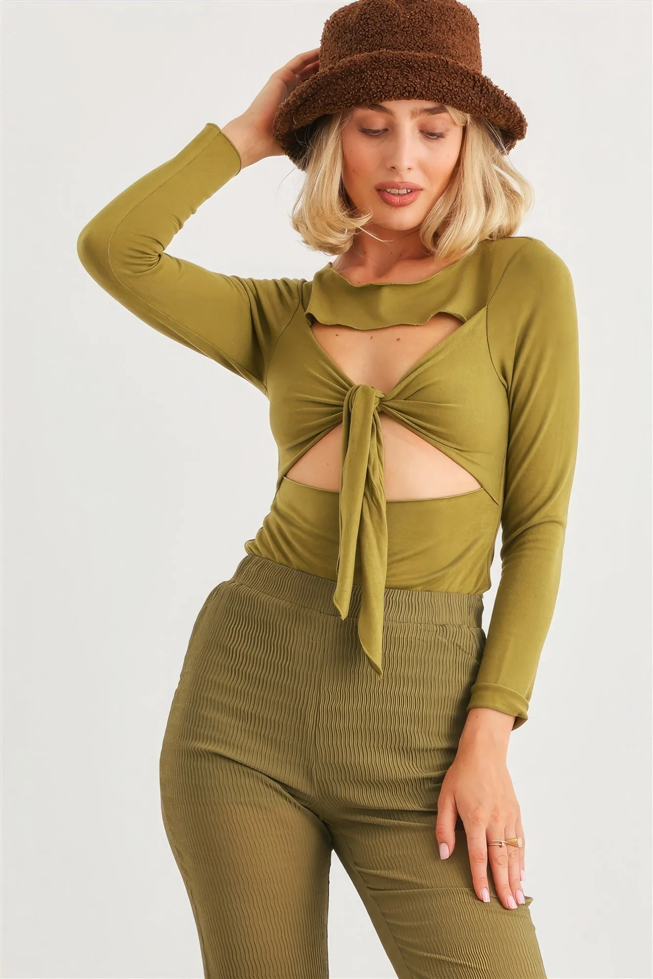 Green Cut-out Tie Knit Long Sleeve Bodysuit