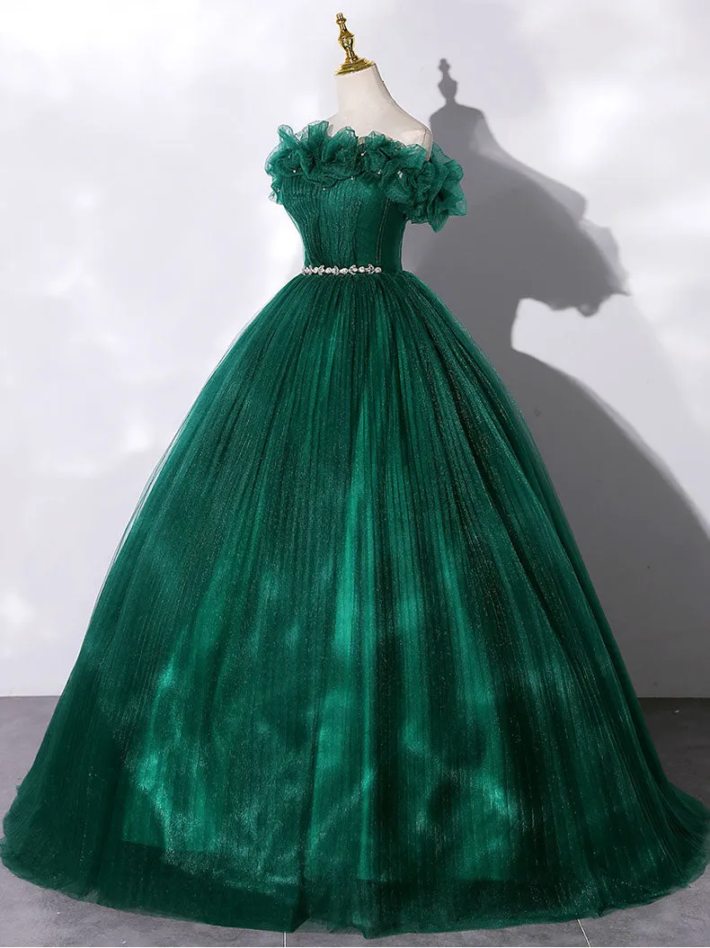 Green Off Shoulder Tulle Long Prom Dress, Green Sweet 16 Dress