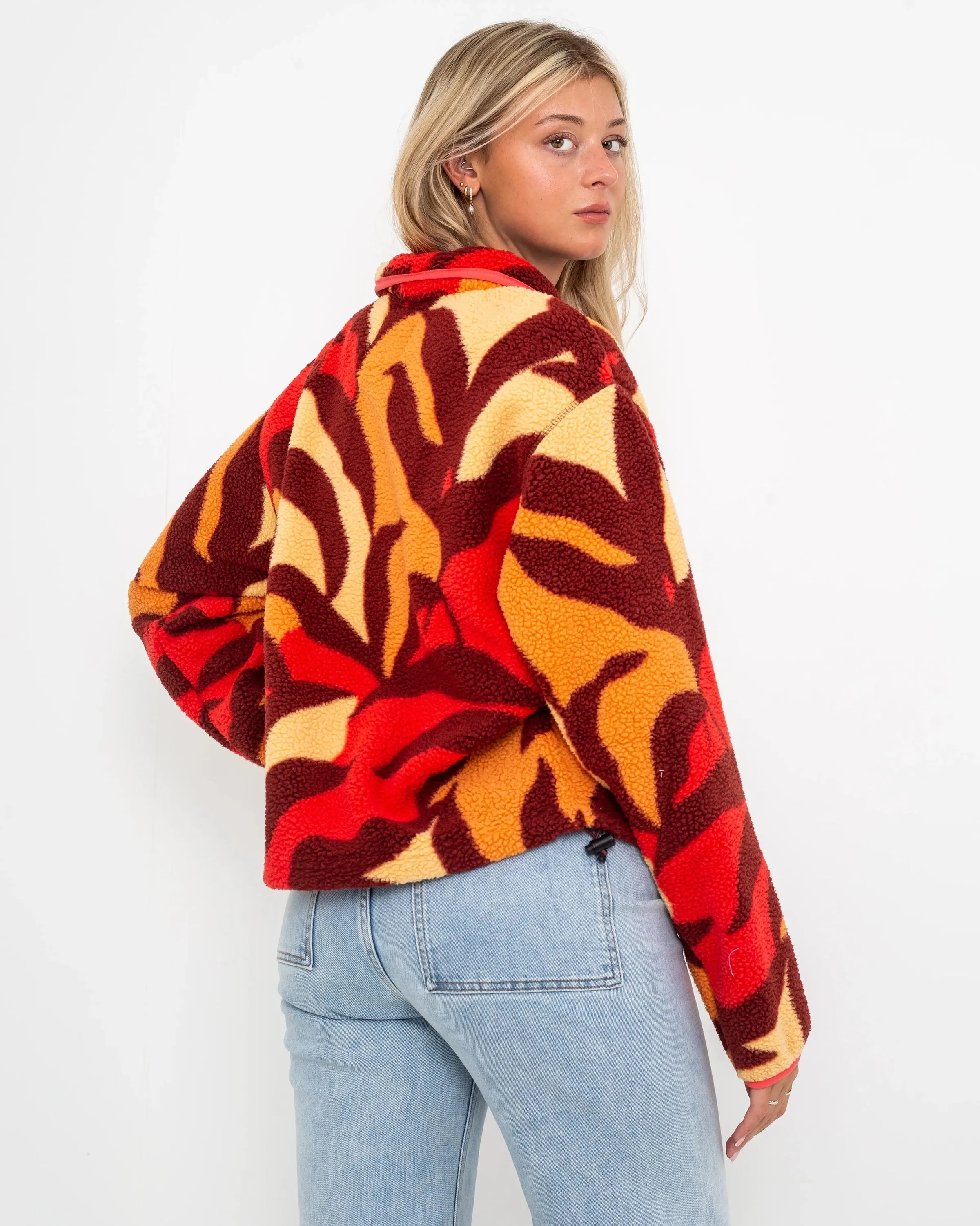 Helvetia Cropped Half Snap Fleece Jacket in Spice Floristic, Sunkissed & Juicy