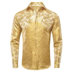 Hi-Tie Golden Shirt Beige Silver Paisley Silk Men's Long Sleeve Shirt