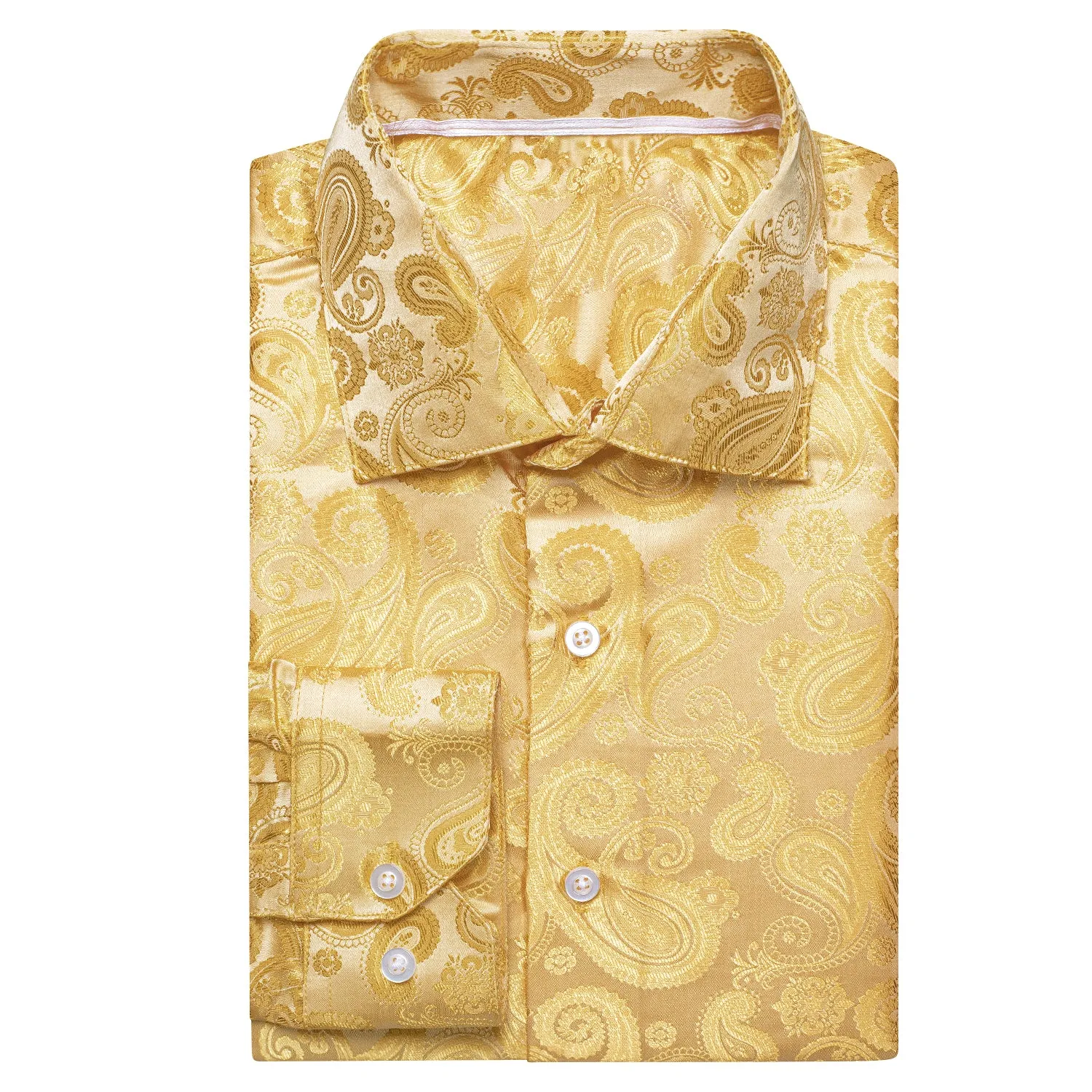 Hi-Tie Golden Shirt Beige Silver Paisley Silk Men's Long Sleeve Shirt