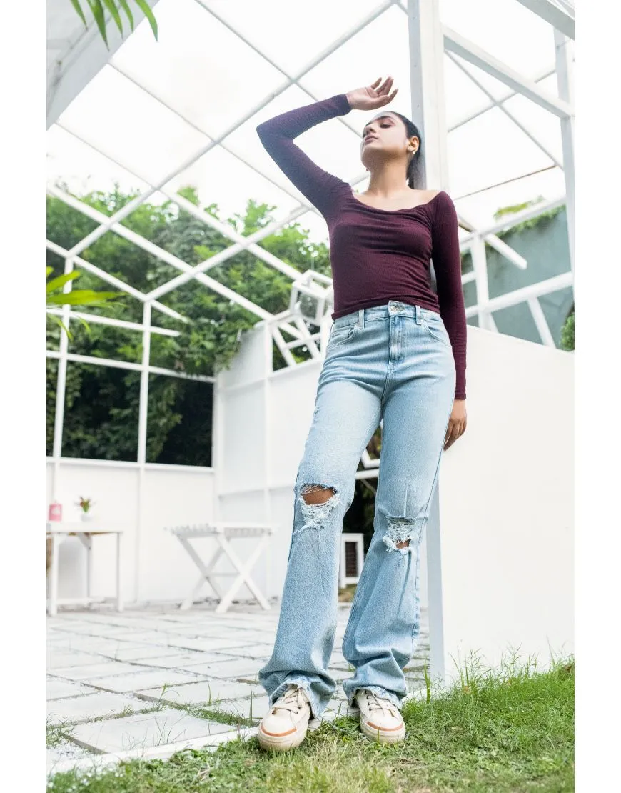 High Rise Ripped Flared Jeans-Light Blue