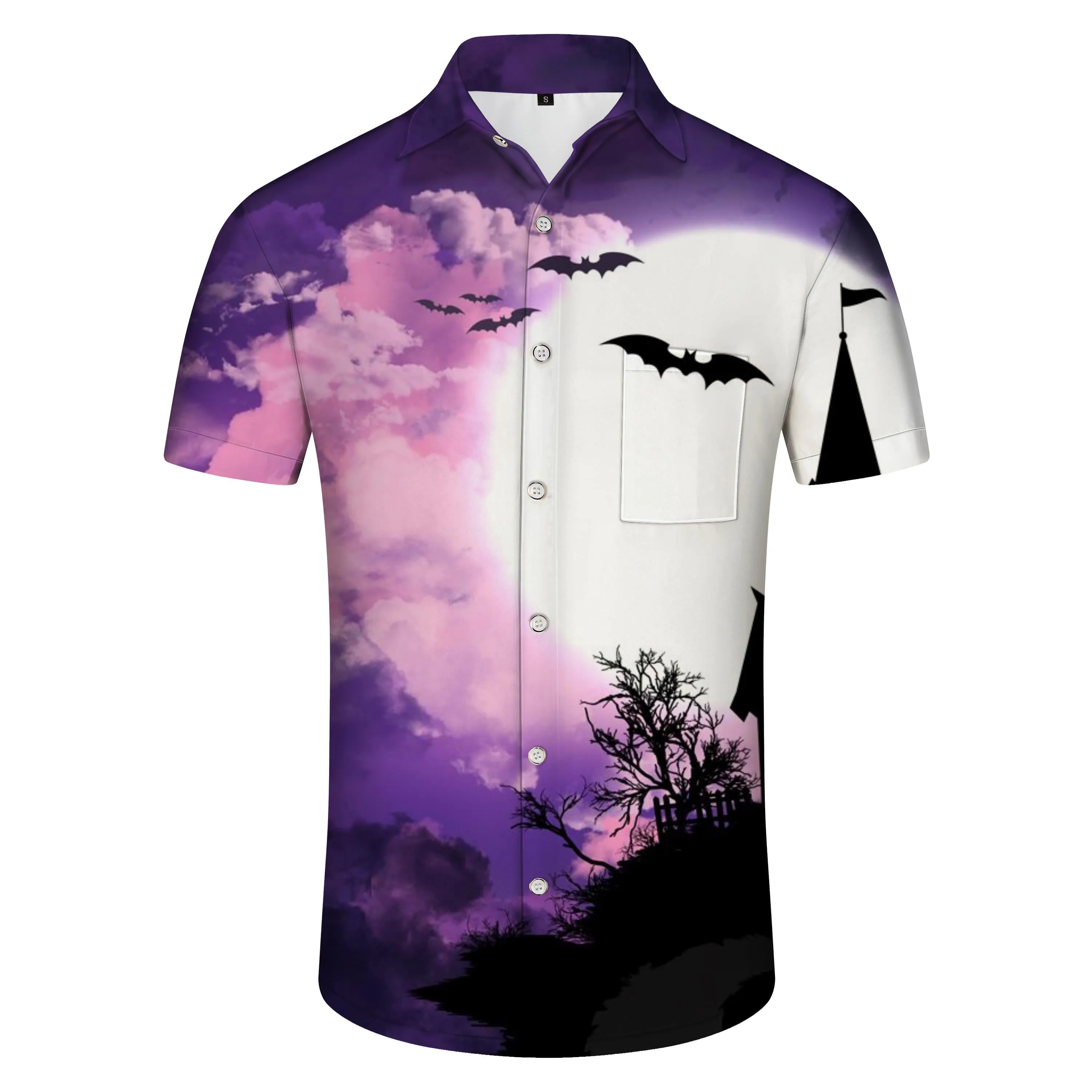 House Tree Bats and Full Moon Horror Night Mens Hawaiian Shirt Short Sleeve Button Top Summer Pocket