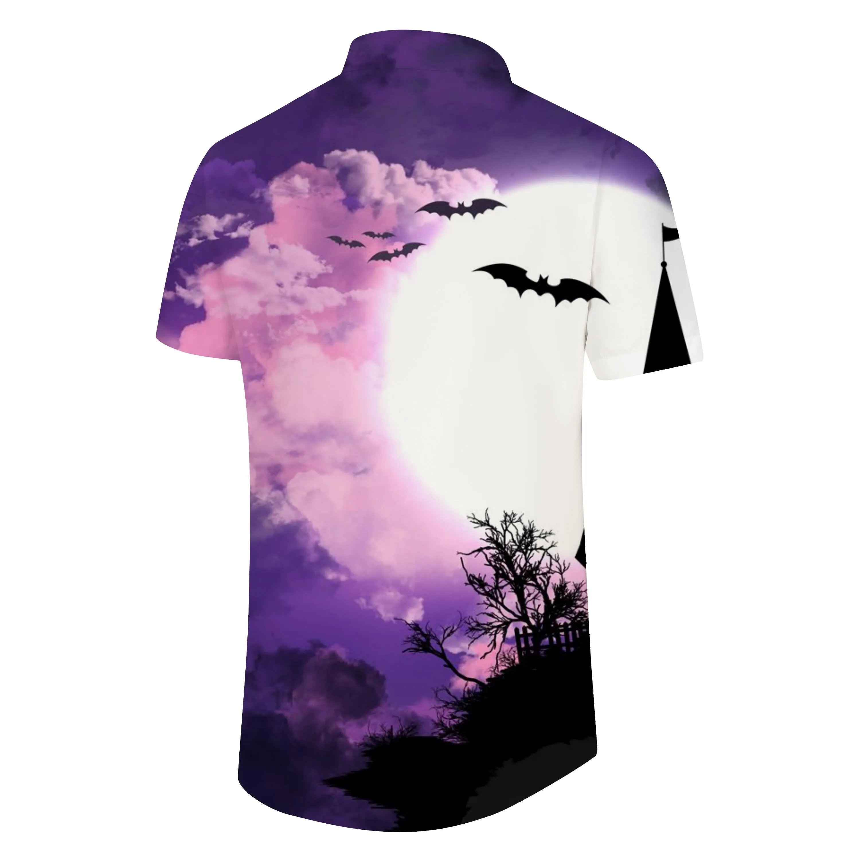 House Tree Bats and Full Moon Horror Night Mens Hawaiian Shirt Short Sleeve Button Top Summer Pocket