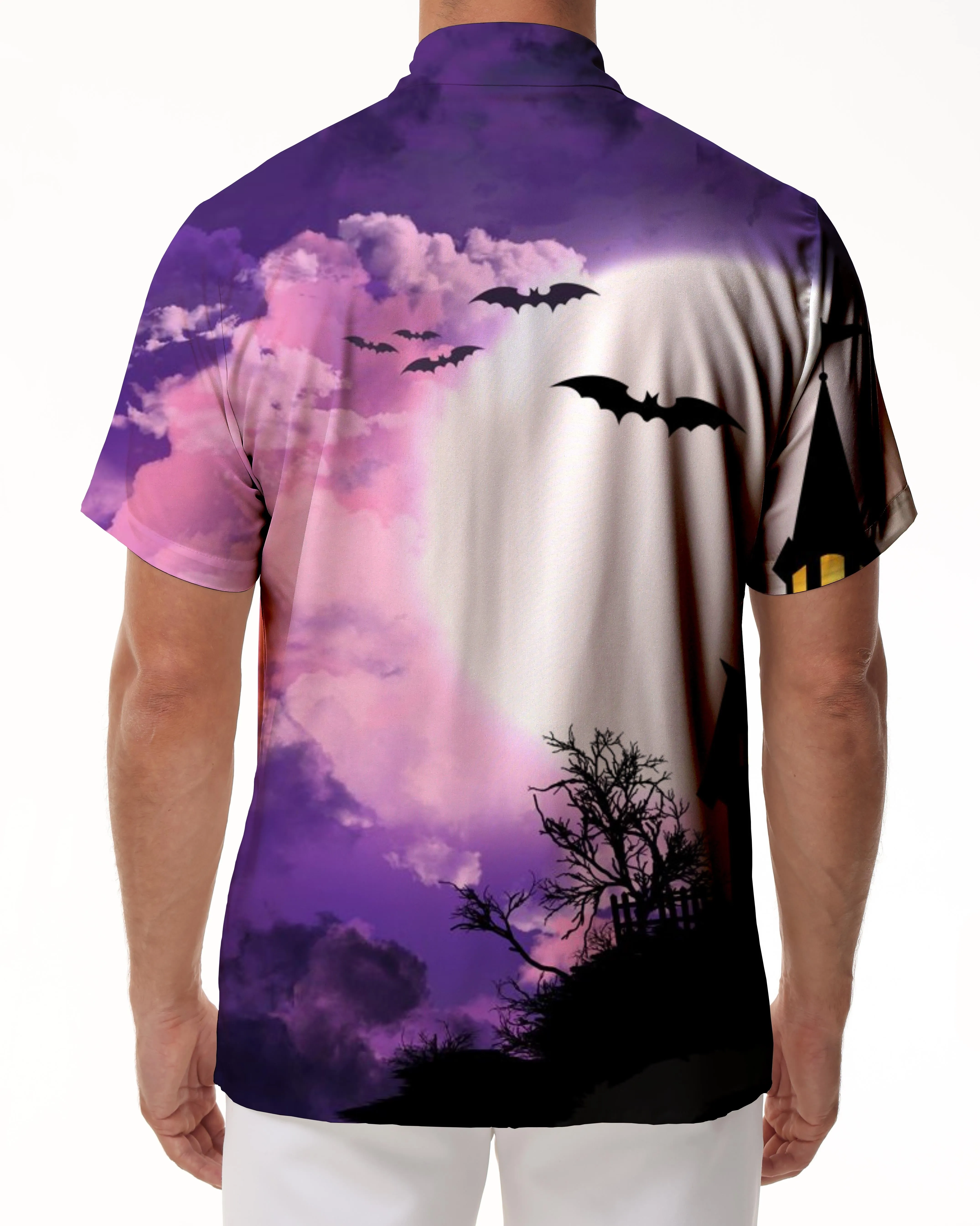 House Tree Bats and Full Moon Horror Night Mens Hawaiian Shirt Short Sleeve Button Top Summer Pocket