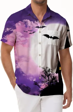 House Tree Bats and Full Moon Horror Night Mens Hawaiian Shirt Short Sleeve Button Top Summer Pocket