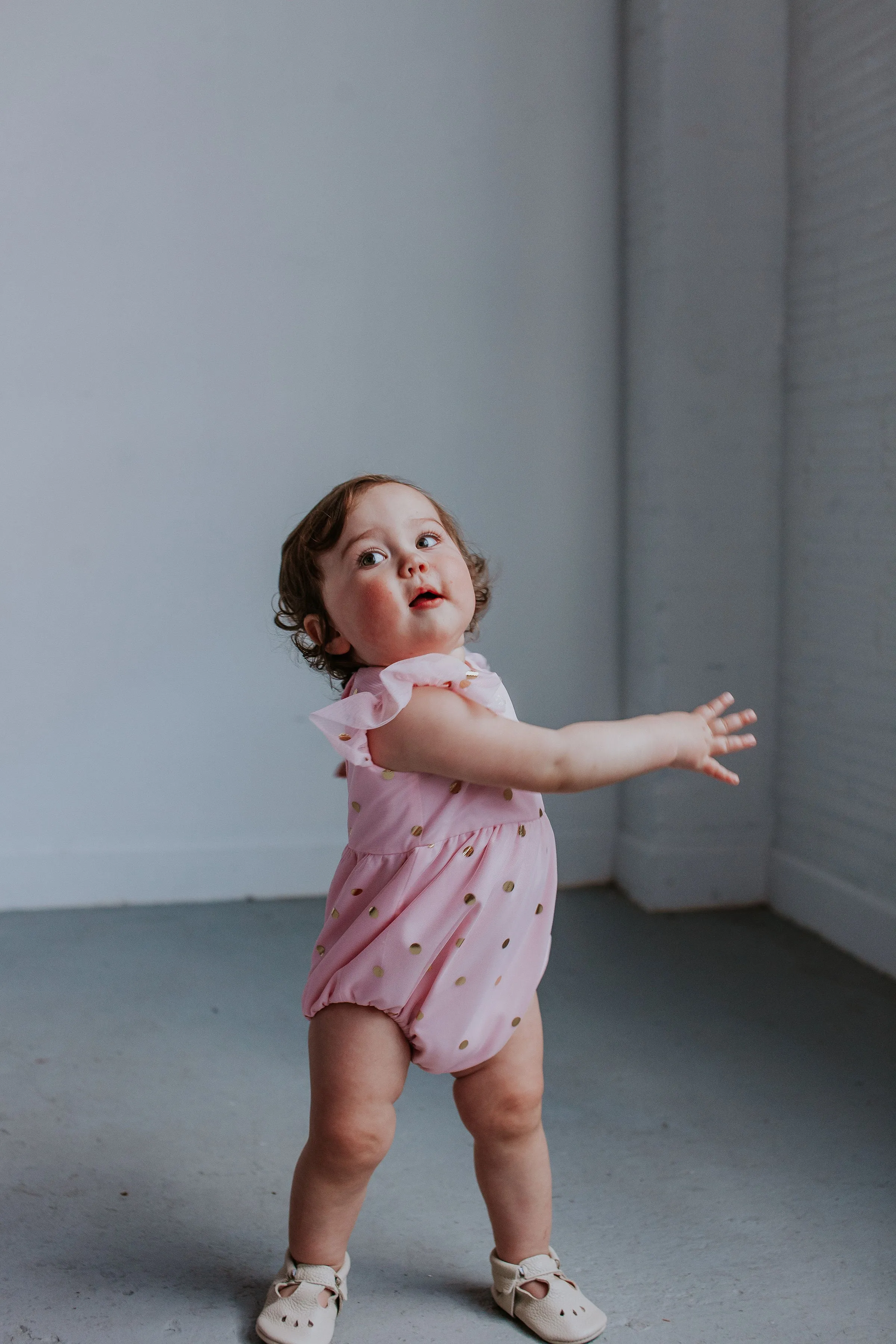 Infant Girl's Pink Tulle Romper with Gold Polka Dots