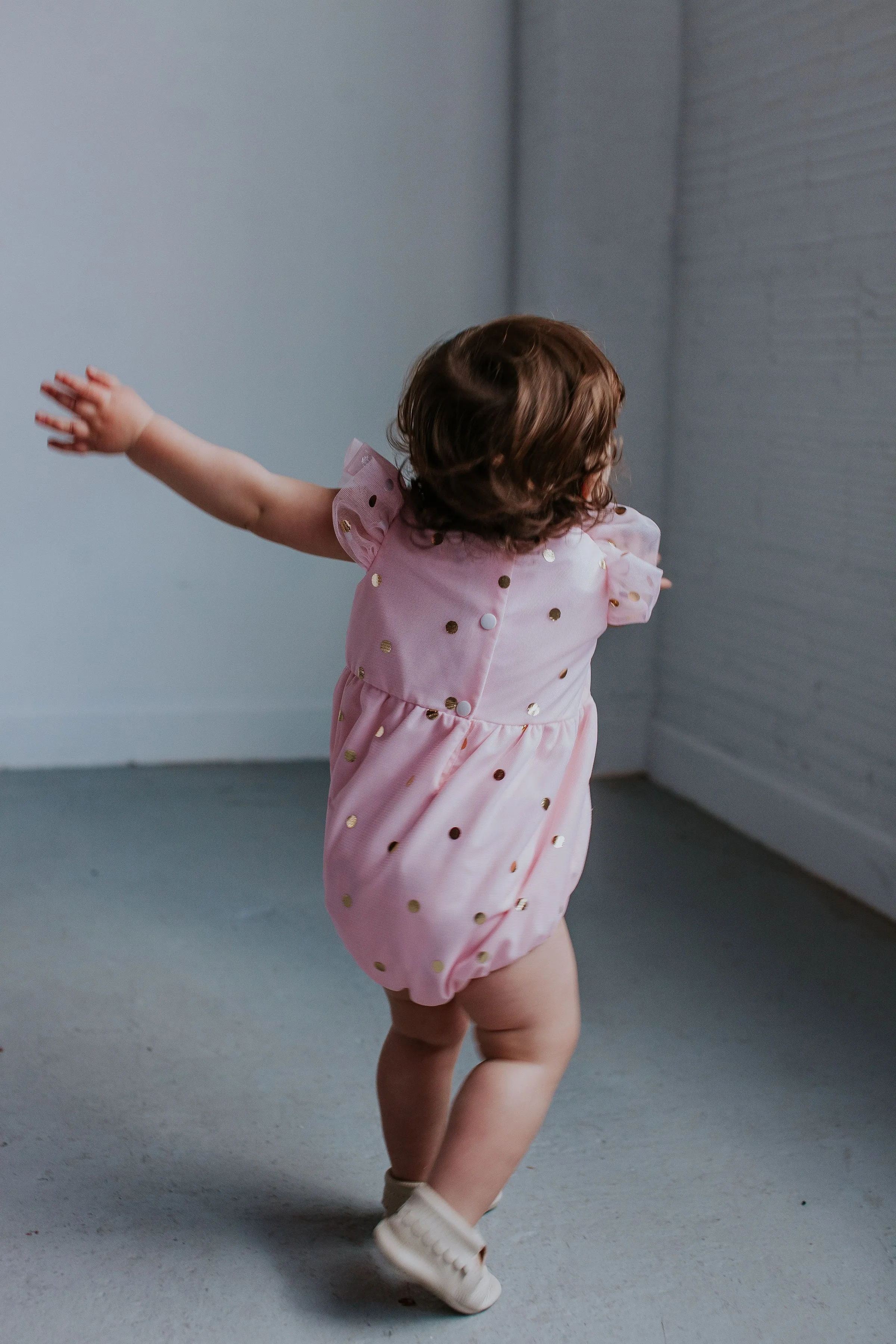 Infant Girl's Pink Tulle Romper with Gold Polka Dots