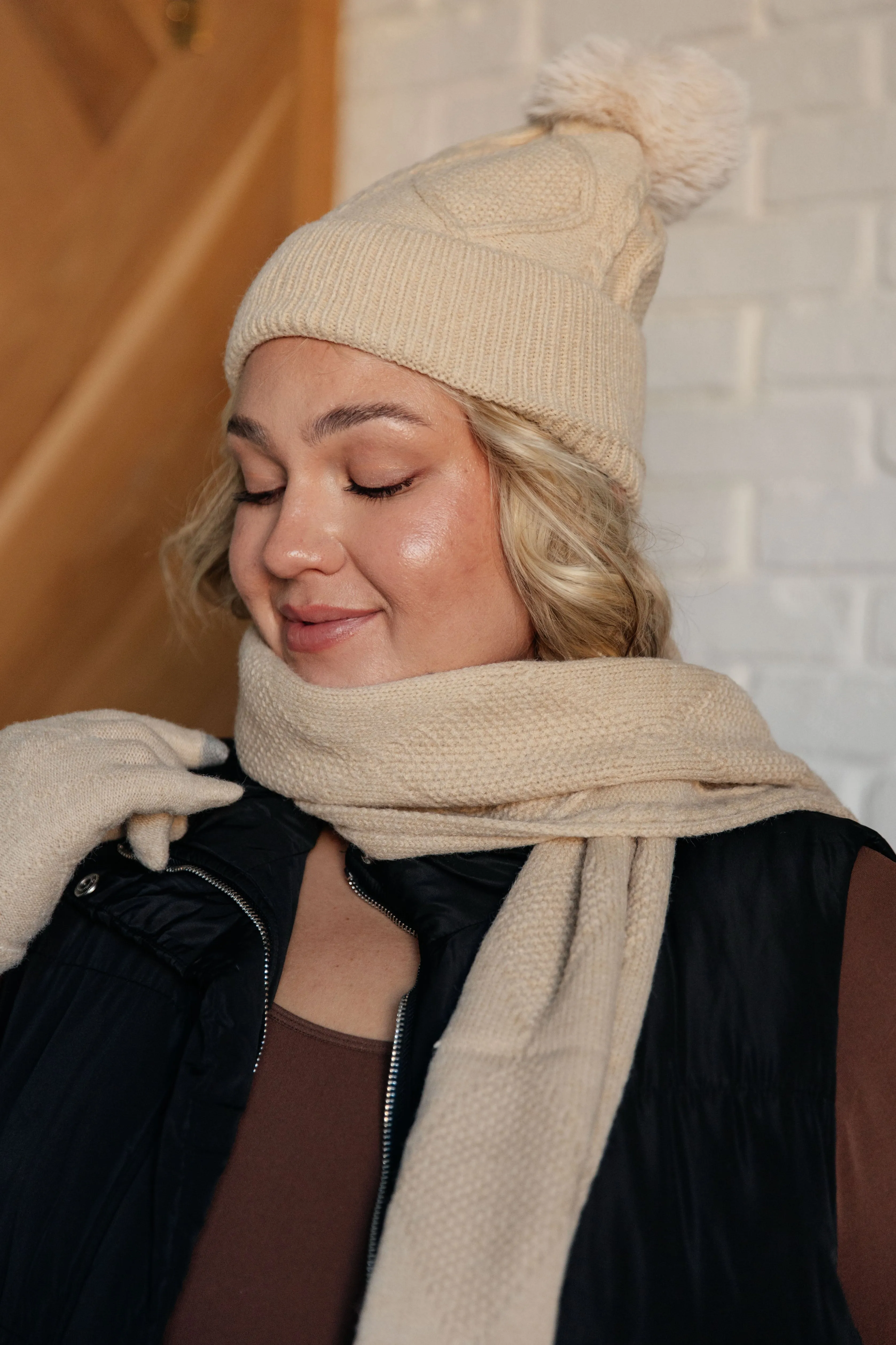 Jane Frost Beanie, Glove, and Scarf Set in Beige - 12/4