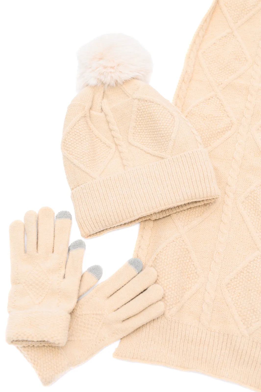 Jane Frost Beanie, Glove, and Scarf Set in Beige - 12/4