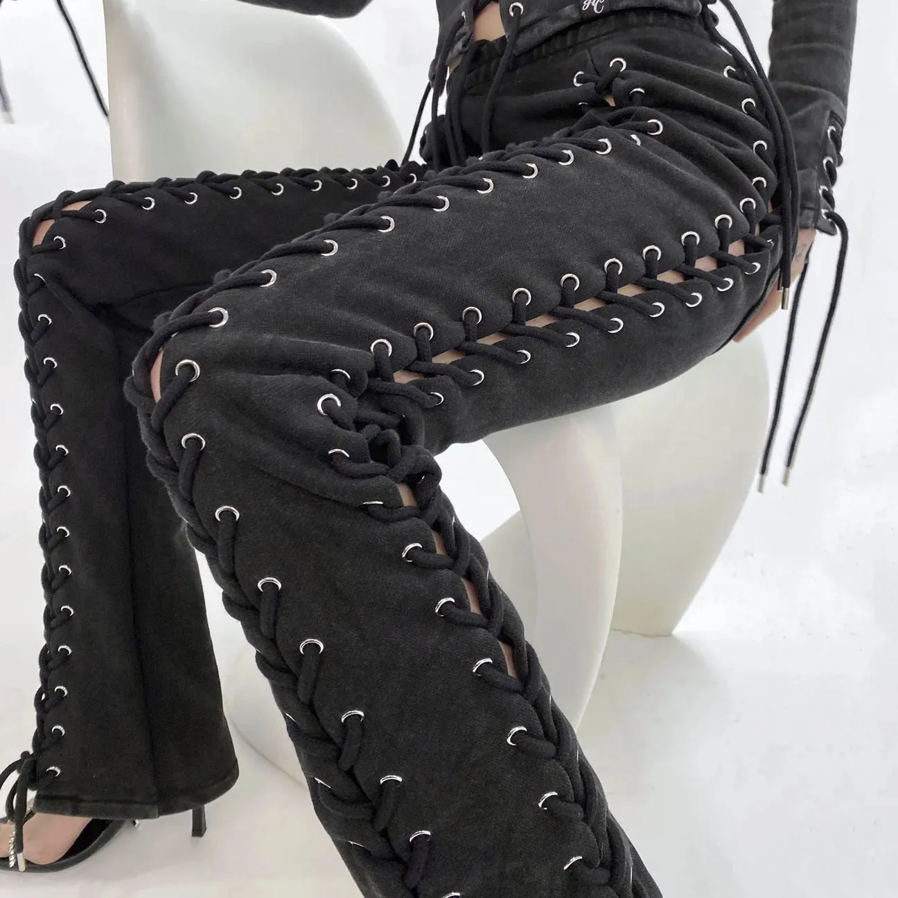 Joskaa Design Corns Lace-up Hollow Drawstring Casual Pants for Women Summer Slimming Straight American Street Hot Girl Sweatpants for Women