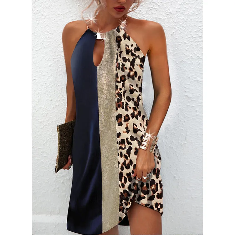 JuliaFashion - 2024 Sexy Leopard Print Sleeveless Backless Halter Patchwork Dress