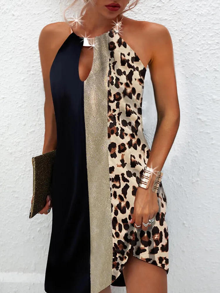 JuliaFashion - 2024 Sexy Leopard Print Sleeveless Backless Halter Patchwork Dress