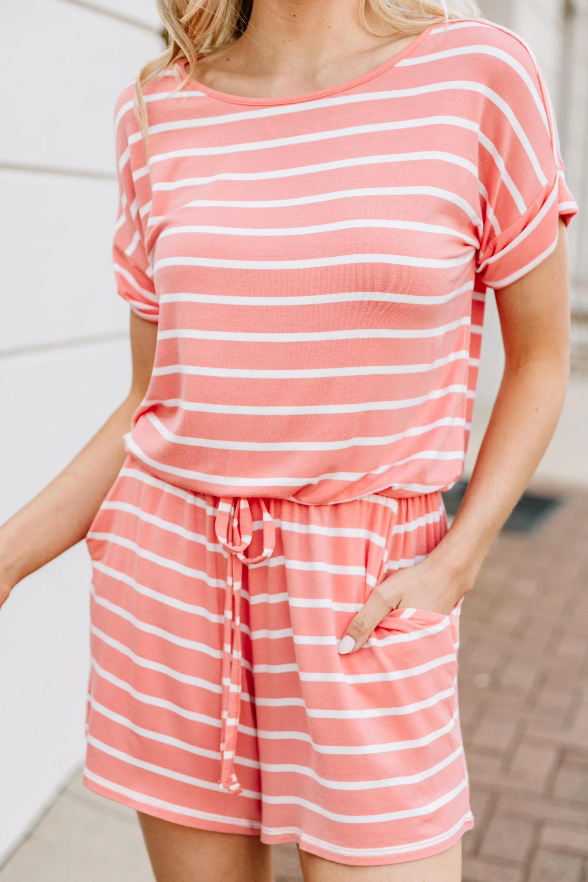 Keep It Moving Deep Coral Pink Striped Romper