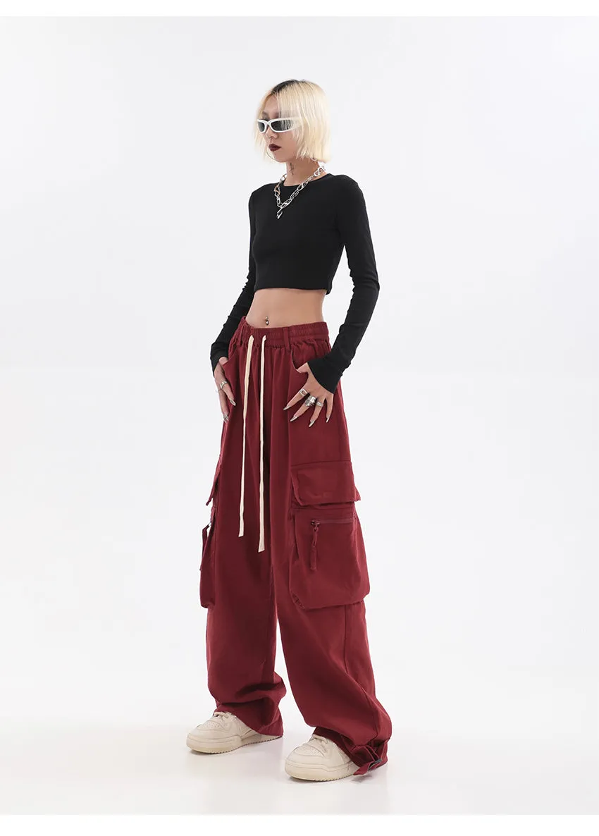 Layla Solid Color Red Straight Leg High Waist Multi-Pocket Cargo Pants