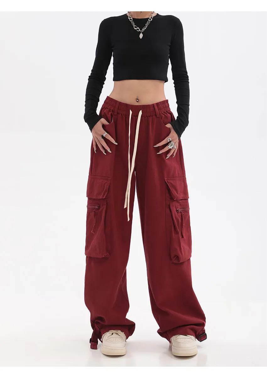 Layla Solid Color Red Straight Leg High Waist Multi-Pocket Cargo Pants