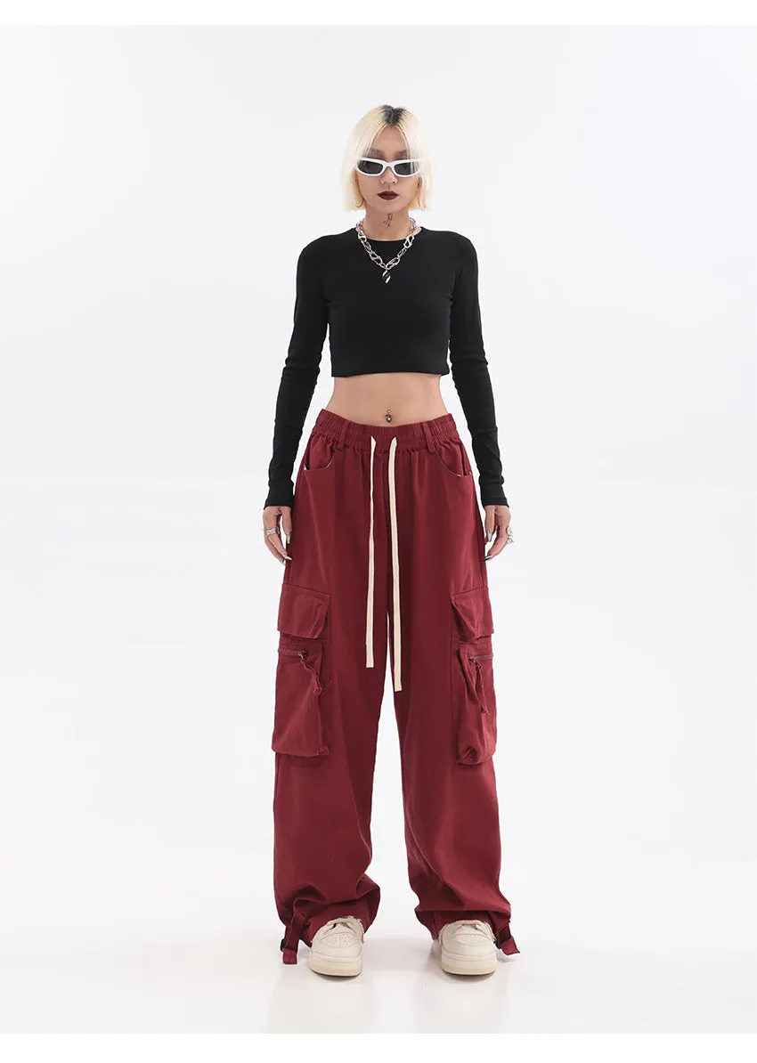 Layla Solid Color Red Straight Leg High Waist Multi-Pocket Cargo Pants