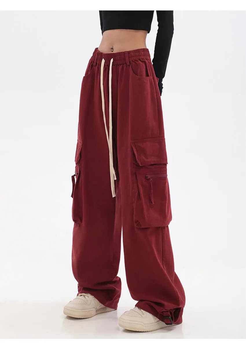 Layla Solid Color Red Straight Leg High Waist Multi-Pocket Cargo Pants