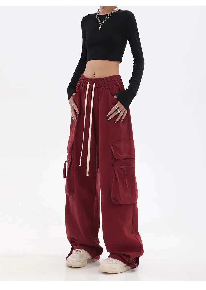 Layla Solid Color Red Straight Leg High Waist Multi-Pocket Cargo Pants