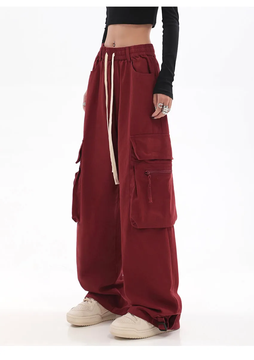 Layla Solid Color Red Straight Leg High Waist Multi-Pocket Cargo Pants