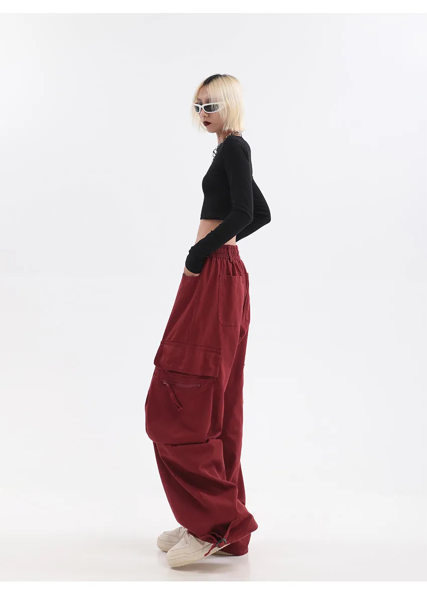 Layla Solid Color Red Straight Leg High Waist Multi-Pocket Cargo Pants