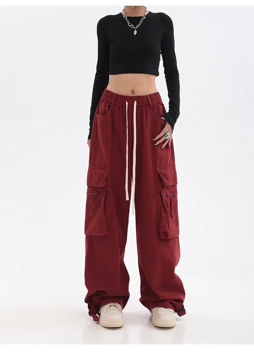 Layla Solid Color Red Straight Leg High Waist Multi-Pocket Cargo Pants