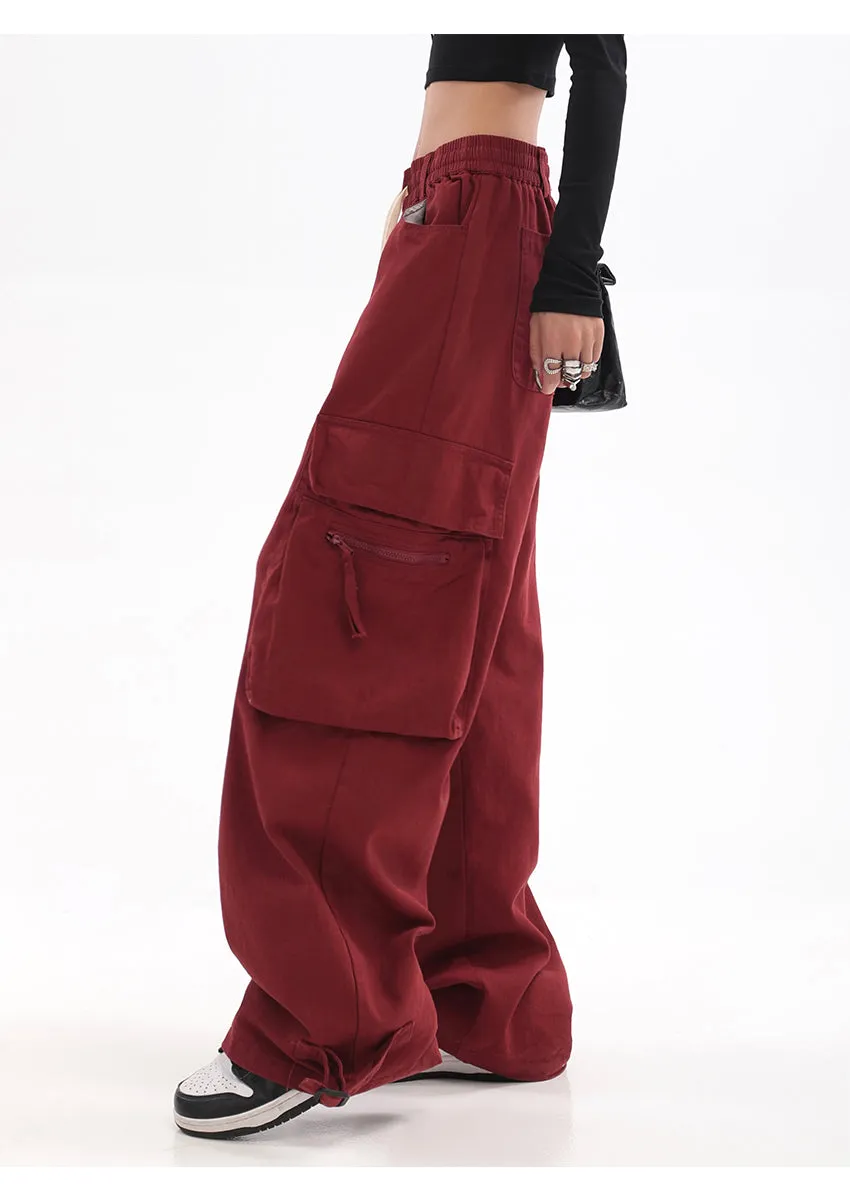 Layla Solid Color Red Straight Leg High Waist Multi-Pocket Cargo Pants