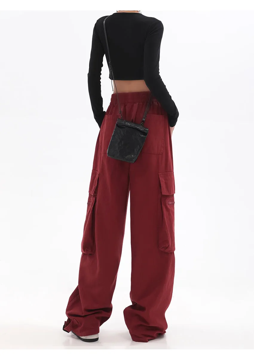 Layla Solid Color Red Straight Leg High Waist Multi-Pocket Cargo Pants