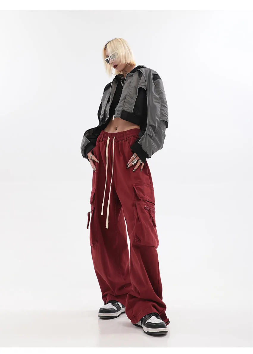 Layla Solid Color Red Straight Leg High Waist Multi-Pocket Cargo Pants