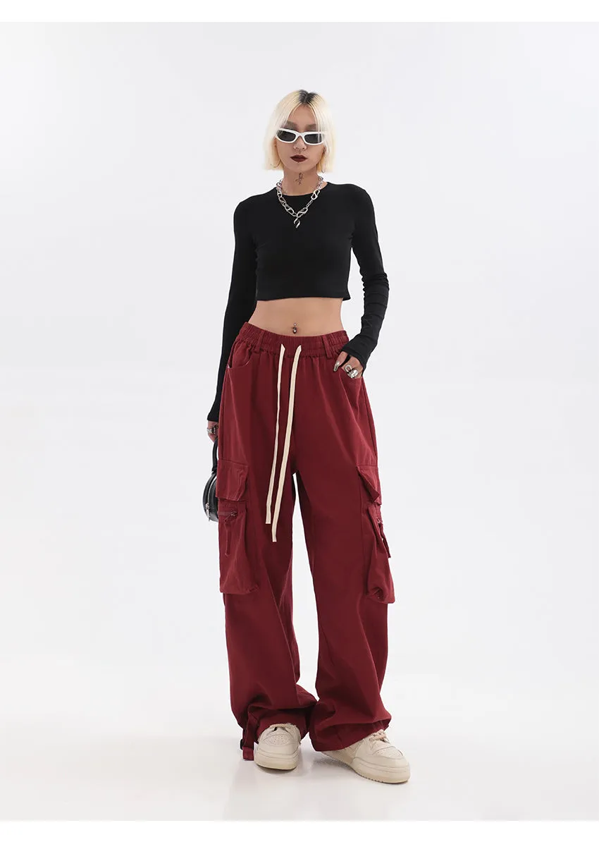 Layla Solid Color Red Straight Leg High Waist Multi-Pocket Cargo Pants