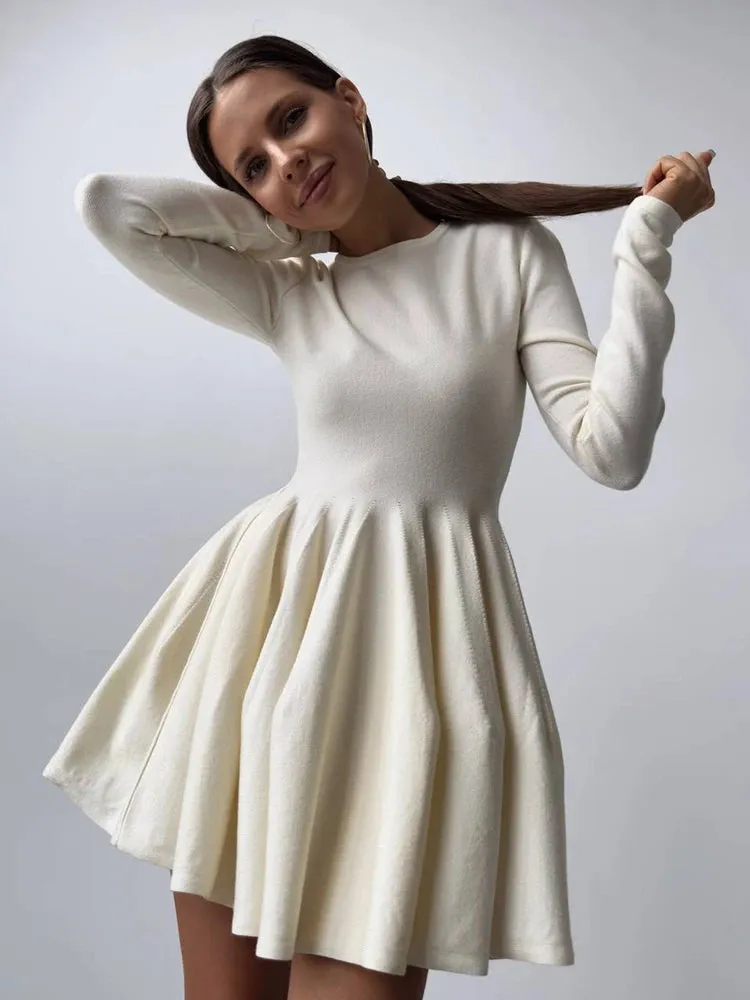 Long Sleeve Flared Skirts Knit Mini Dress