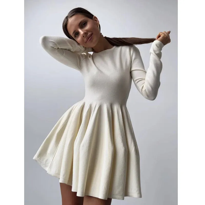 Long Sleeve Flared Skirts Knit Mini Dress