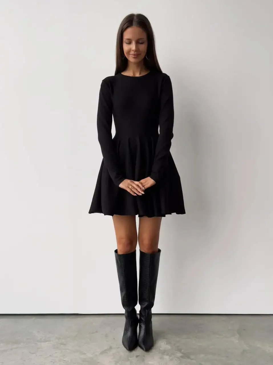 Long Sleeve Flared Skirts Knit Mini Dress