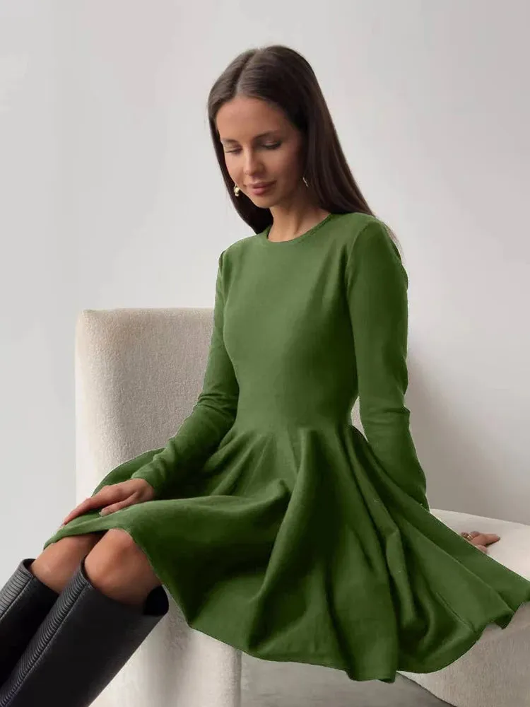 Long Sleeve Flared Skirts Knit Mini Dress