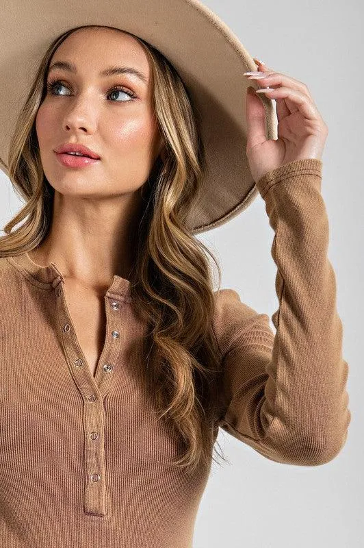 MARIA MINERAL WASHED HENLEY LONG SLEEVE BODYSUIT FINAL SALE