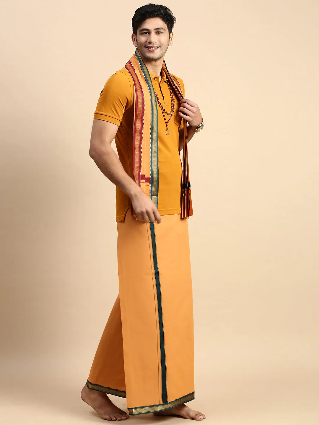 Men Devotional Mayilkhan Border Dhoti with Towel & TShirt Set Kavi EP41