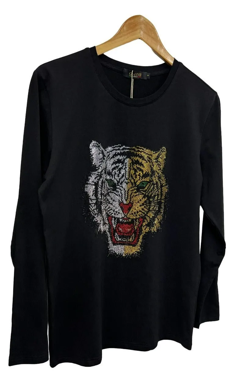 Men's Black Long Sleeves Graphic T-shirt Gold Stone Lion Head