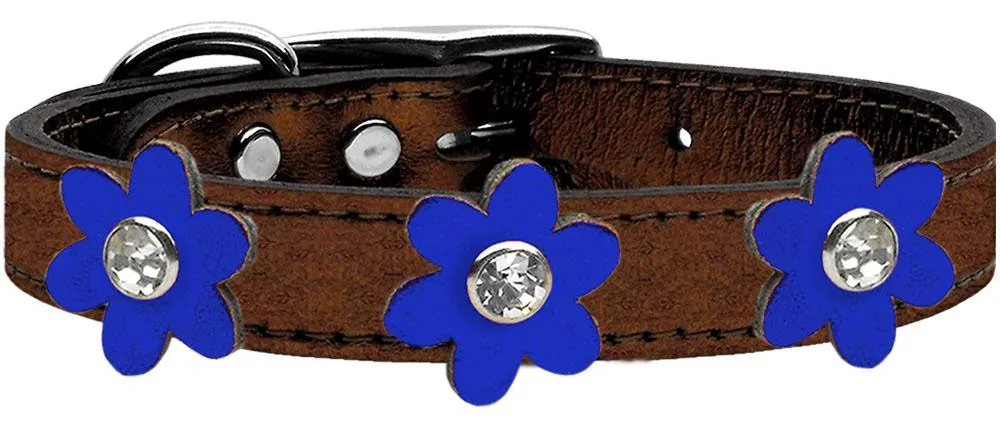 Metallic Flower Leather Collar Bronze With Metallic Blue Flowers Size 10