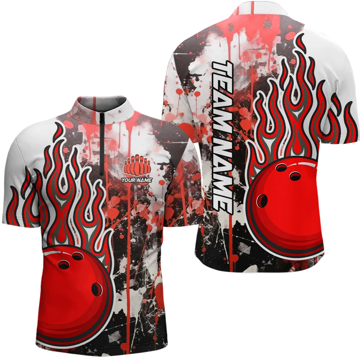 Multicolor Camo Flame Bowling Quarter Zip Shirts Men Custom Bowling Team Jerseys Bowling Shirts