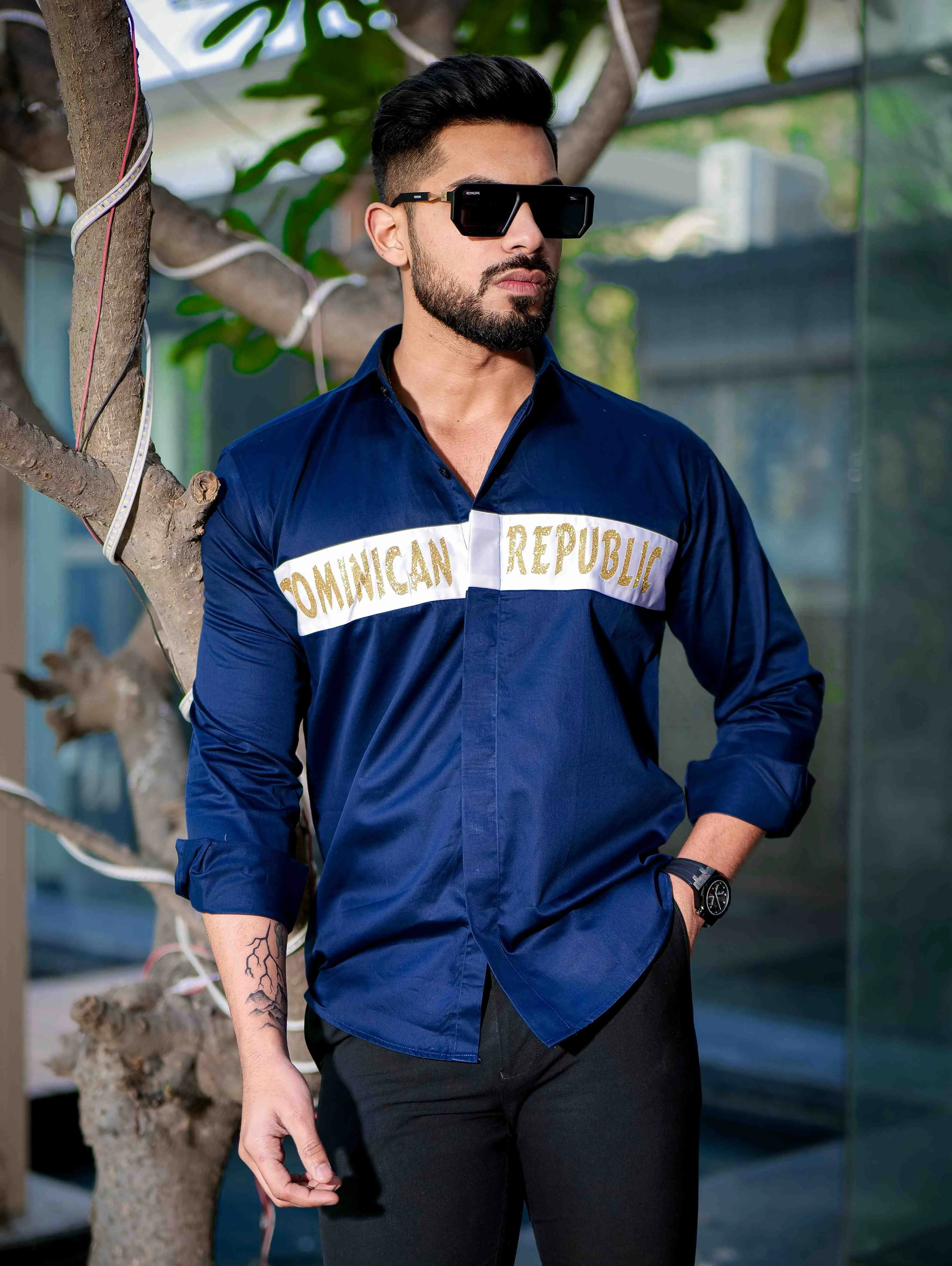 Navy Club Wear Dominican Republic Printed Satin Cotton Shirt