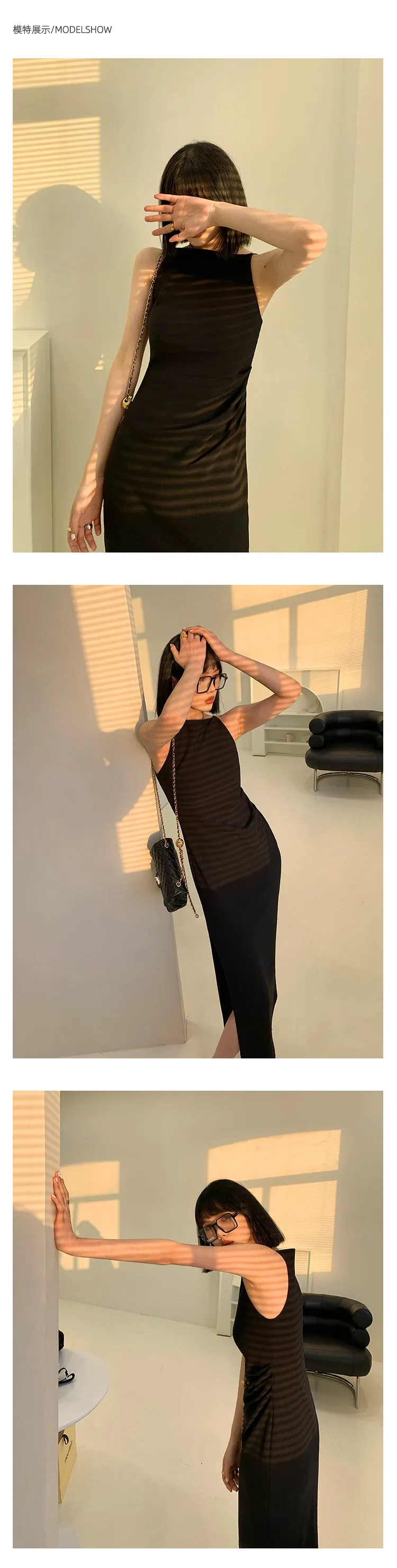 New spring and summer light luxury one-shoulder high-end slit dress- Tiomo black